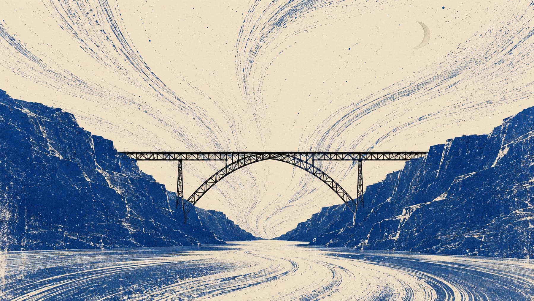 Gravura azul de uma ponte sobre os cânions do rio São Francisco