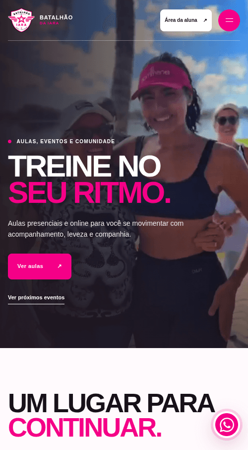 Versão mobile do site do Batalhão da Iara, com o hero e a chamada para as aulas